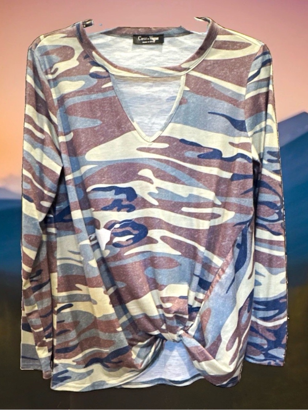 Camo-Print Twist Front Long Sleeve Top - Cuple & Vogue - Blue Taupe Cream